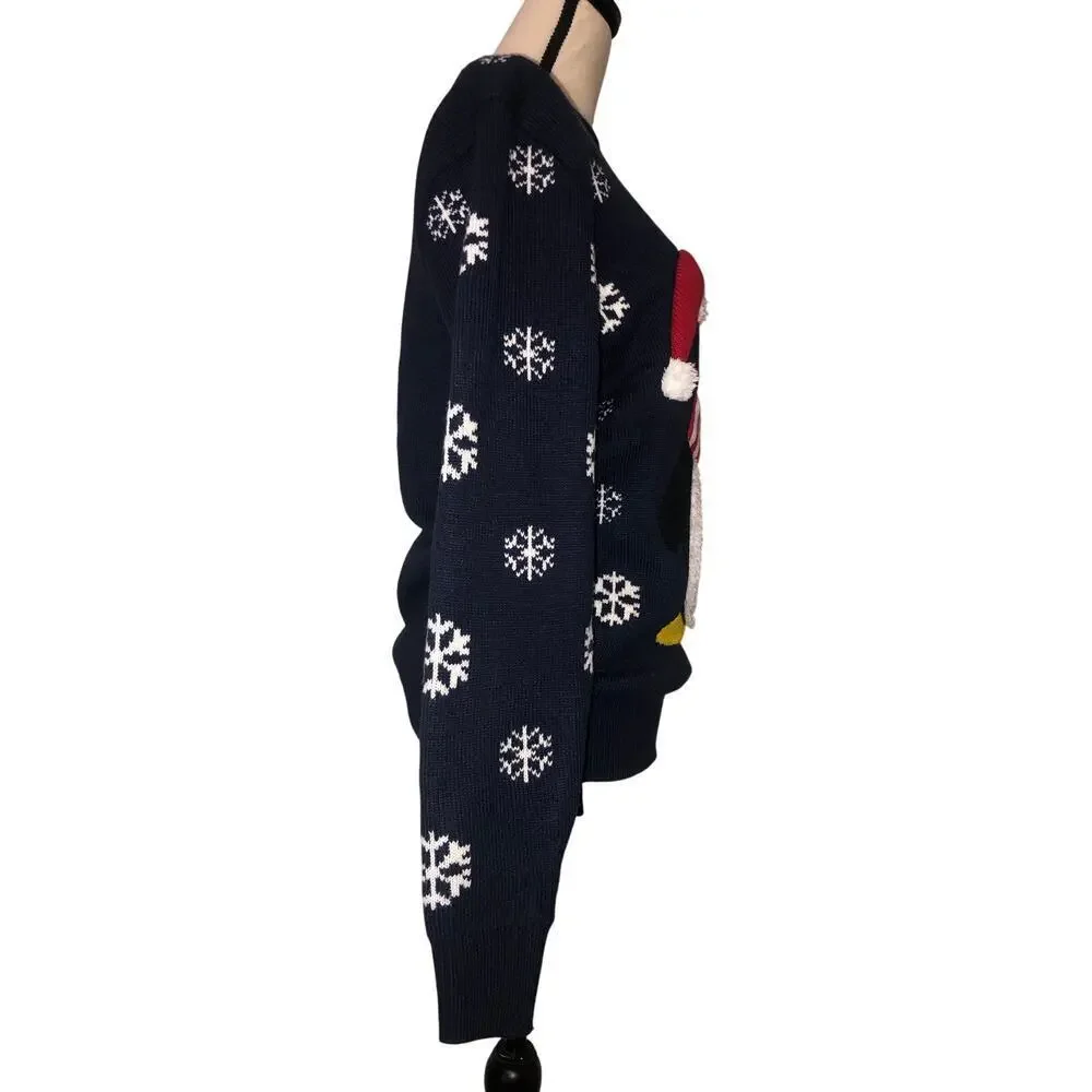 Christmas Sweater Penguin Reindeer Snowflakes Size M Mens Blue Jumper Textured